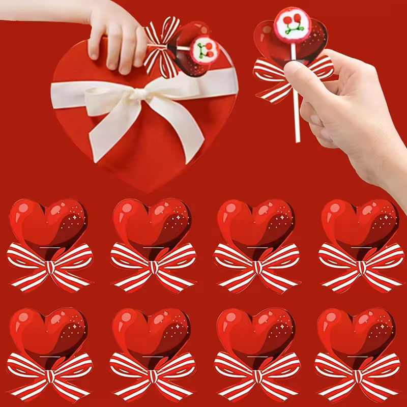 50 Stück rote herzförmige Lutscher-Dekokarten aus Papier für romantische Geschenke zum Valentinstag - Bild 3