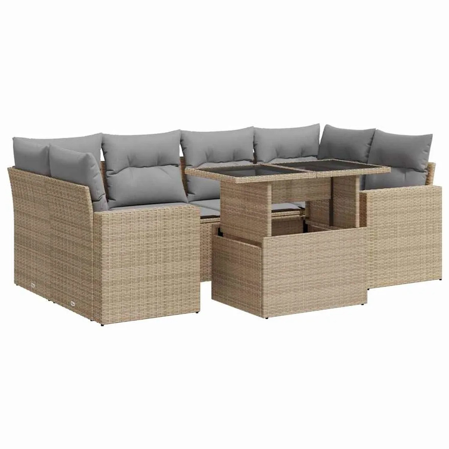 vidaXL 7-teilige Garten-Sofagarnitur in L-Form aus Poly-Rattan in Beige-Grau mit wetterfesten Kissen und pulverbeschichtetem Stahlgestell - Bild 2