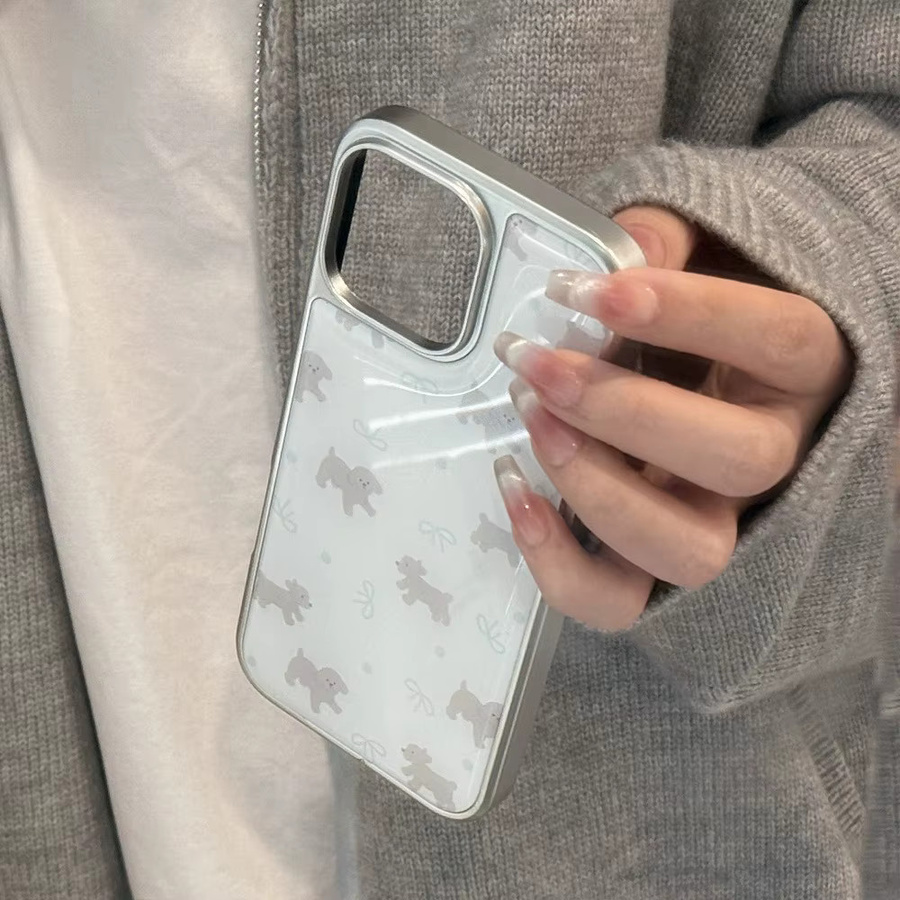 Graue Handyhülle mit Teddy-Muster und Silberrand aus Epoxidharz für Apple iPhone XR/11/12/13/14/15/16/17 Pro Max - Bild 2