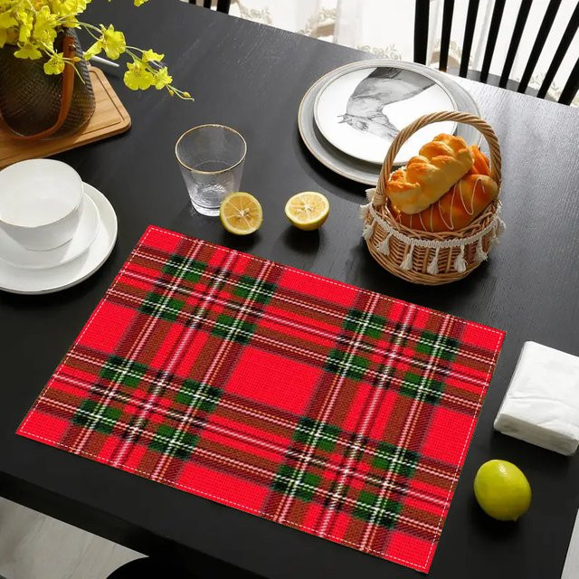 VIKAMA 4/6-teiliges Vintage-Tischset mit Karomuster in Rot im europäischen Landhausstil - Bild 1