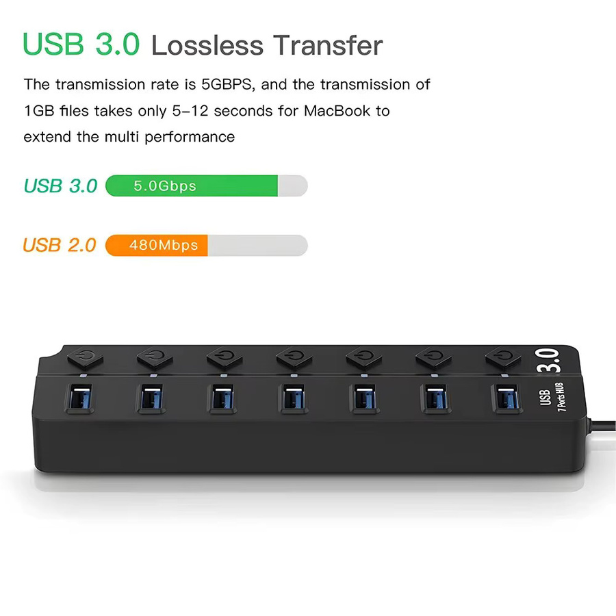 DBIT 7-in-1 USB Hub 3.0/2.0 Splitter mit unabhängigem Switch, USB-Adapter für Desktop und Laptop, Schwarz, 30 cm Kabel - Bild 5