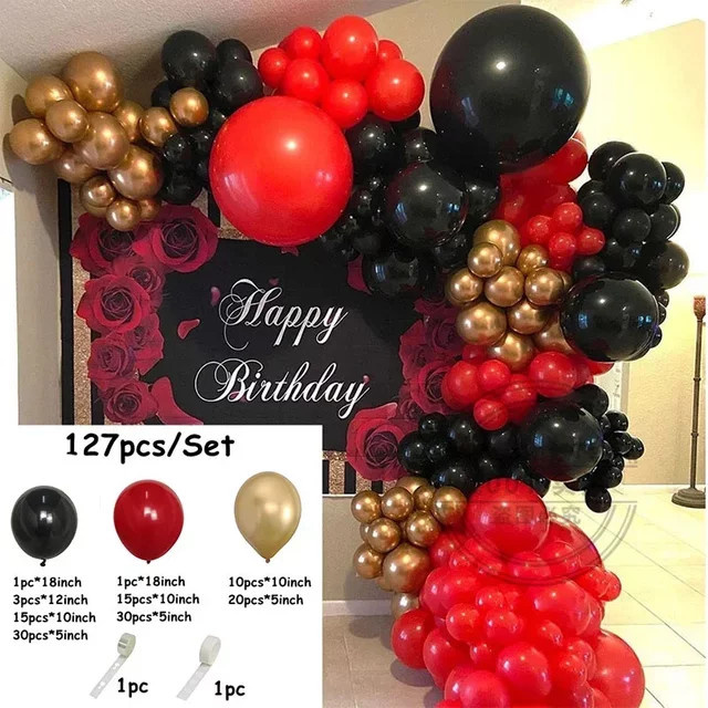 127 Stück Luftballon-Set für Girlandenbögen in Rot, Schwarz und Gold zur Partydekoration für Geburtstag, Hochzeit oder Valentinstag - Bild 1