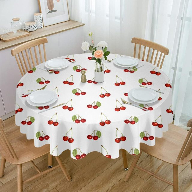 A Family Of Home Textiles Wasserdichte Tischdecke Kirsche Obst Retro Rund mit 6 Tischsets Weiß - Bild 1