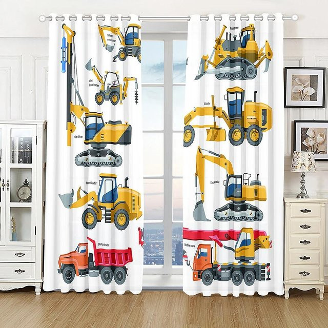 2er-Set Kindergardinen mit 3D-Bauernhof-Motiv Traktor LKW Bagger Bulldozer, halbtransparent, mehrfarbig, Breite: 60 cm, Höhe: 100 cm - Bild 1