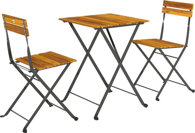 Outsunny 3-teilige Sitzgruppe aus Akazienholz und Stahl in Braun, klappbares Bistroset für 2 Personen mit Esstisch und 2 Stühlen für Terrasse und Balkon - Bild 1