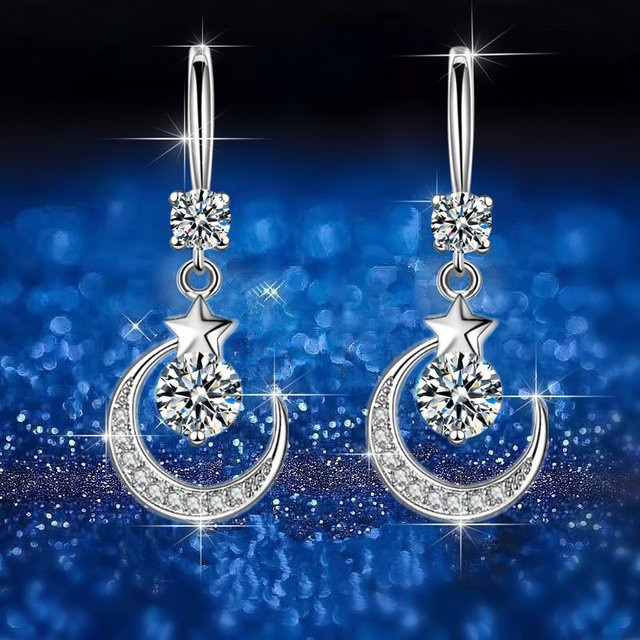 Ohrringe Stern Mond, 925 Sterling Silber, Weißer Saphir, Damen - Bild 1