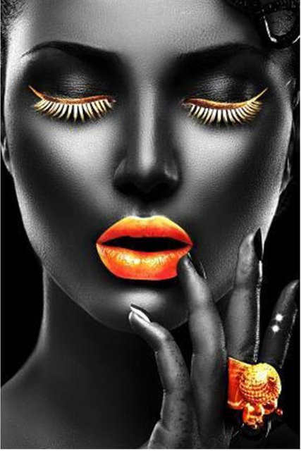 GIEKIKI Leinwandgemälde Afrikanische Kunst Portrait mit goldenen Lippen in Schwarz, Gold und Grau, Breite: 20 cm, Höhe: 30 cm - Bild 1