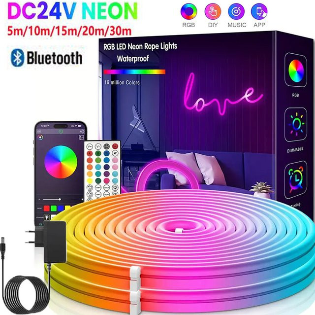 KcoiiFun RGB Neon LED-Streifen mit Bluetooth Musik-Sync, DC24V 3535 Wasserdichtes Neon-Seil-Licht für Innen- und Außendekoration mit EU-Stecker - Bild 1