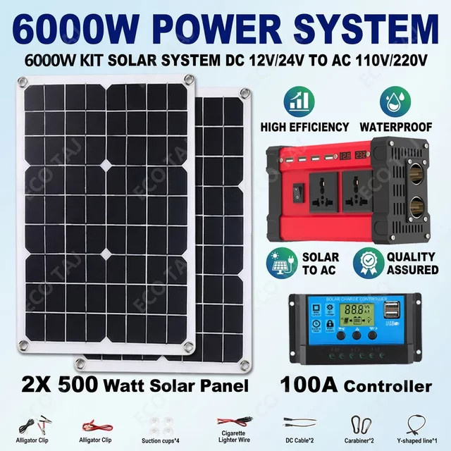 6000 W Solarsystem-Kit mit 2 x 500 W Photovoltaik-Panels, 100 A Controller und Wechselrichter DC 12 V zu AC 110 V/220 V für Camping und Outdoor - Bild 1