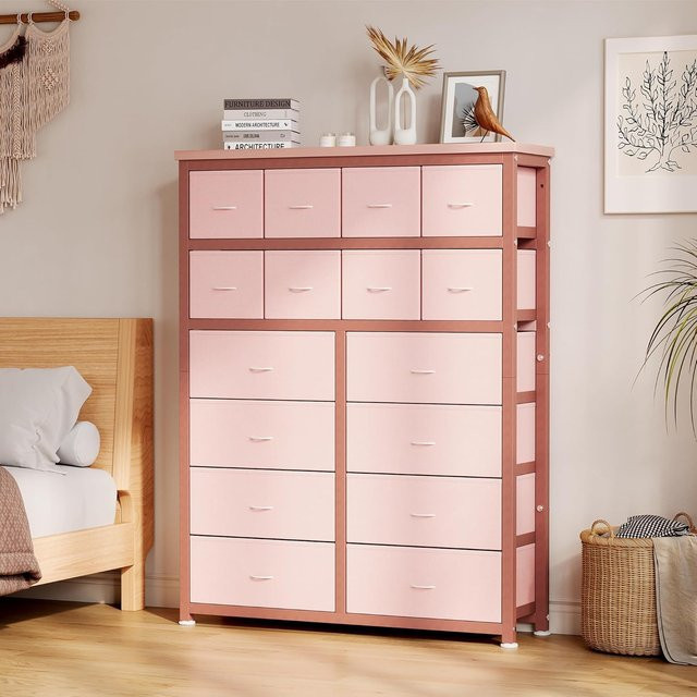 HiMISS Stoffkommode mit 16 Schubladen in Pink, moderne multifunktionale Aufbewahrungseinheit für Schlafzimmer, Wohnzimmer, Büro und Kinderzimmer - Bild 1