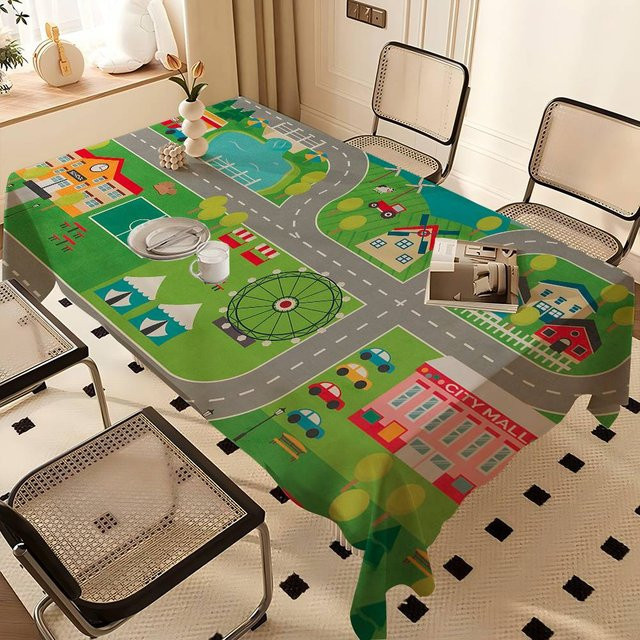 JINGYUE Pet Rechteckige Tischdecke mit Cartoon-Straßen-Print, Wasserabweisend, Polyester, Mehrfarbig, B: 90 cm, T: 140 cm - Bild 1