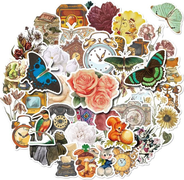 50 Stück Wasserdichte Retro Aufkleber mit Blumen, Pflanzen und Schmetterlingen in Multicolour von BulingBulingStickers Shop - Bild 1