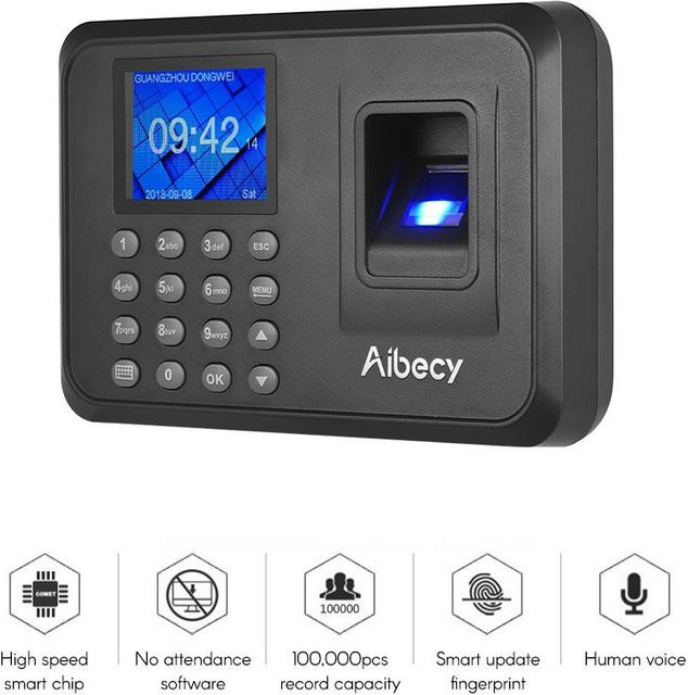 Aibecy Biometrische Fingerabdruck-Anwesenheitsmaschine mit 2,4-Zoll-LCD-Bildschirm und Passwortfunktion in Schwarz - Bild 1