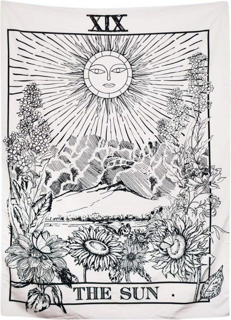 VIKAMA Sun Tarot Wandteppich in Schwarz-Weiß, Vintage Linienkunst Wanddekoration im Boho-Stil, Breite: 150 cm, Höhe: 150 cm - Bild 1