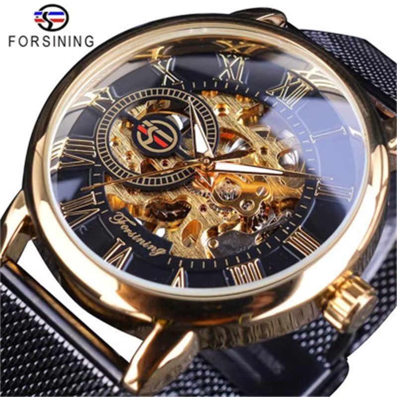 FORSINING Armbanduhr, Handaufzug, Edelstahl, Schwarz, Silber, Herren - Bild 2