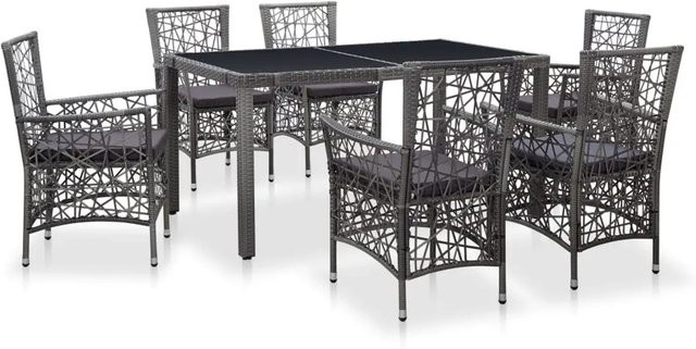 vidaXL 7-tlg Garten-Essgruppe aus Poly Rattan und Stahl in Grau mit Glastisch und wetterfesten Kissen - Bild 1