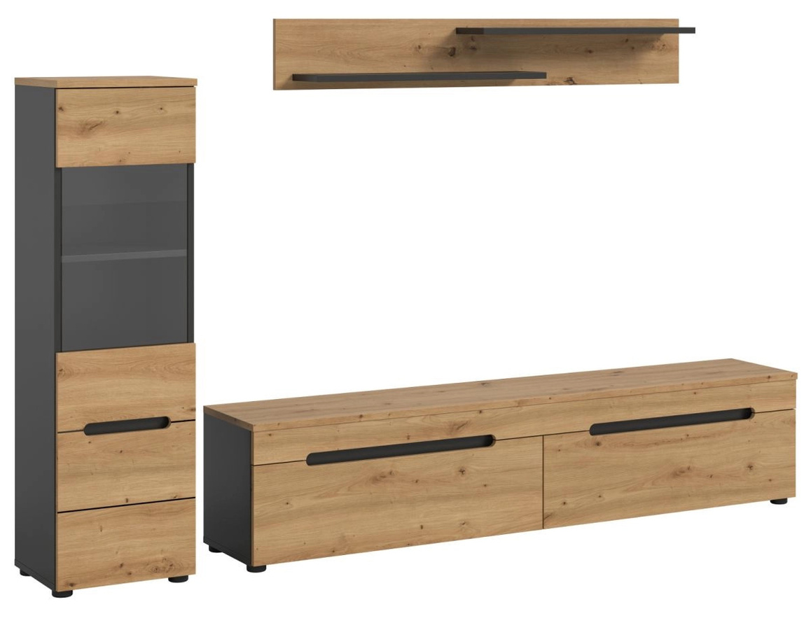 Inn.Furn Wohnwand Cooper modern in Eiche und Grau mit Glasvitrine und Lowboard, Breite: 221 cm - Bild 4
