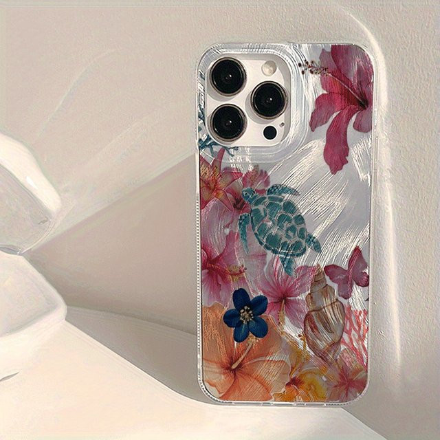 Silberne TPU-Handyhülle mit Rosa Blume, Meeresschildkröte und Muschelmuster für iPhone 11 bis iPhone 17 Pro Max und weitere Modelle - Bild 1
