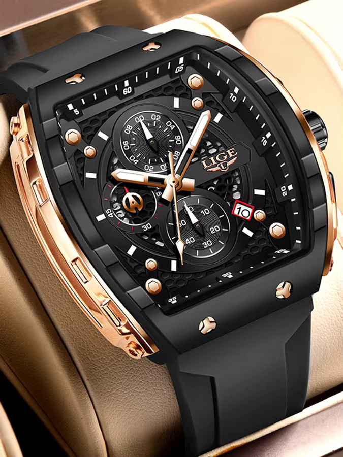 LIGE Armbanduhr Quarz, Silikon, Schwarz, Herren, Eckig, Leuchtzeiger - Bild 5