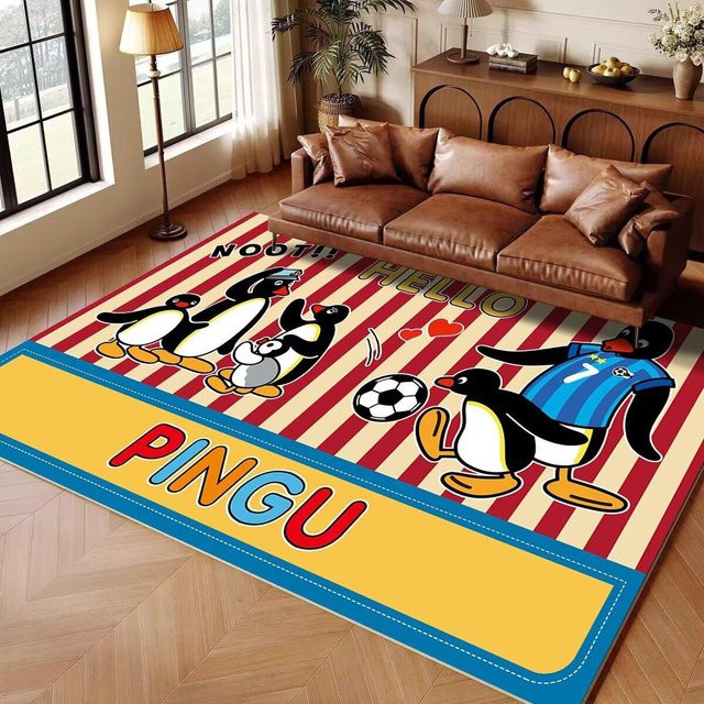 Bunter Pinguin Kinderteppich mit Fußball-Motiv von Lodestar, Waschbarer Teppich für Spielzimmer und Schlafzimmer, B/B: 40 x 60 cm, Mehrfarbig - Bild 1