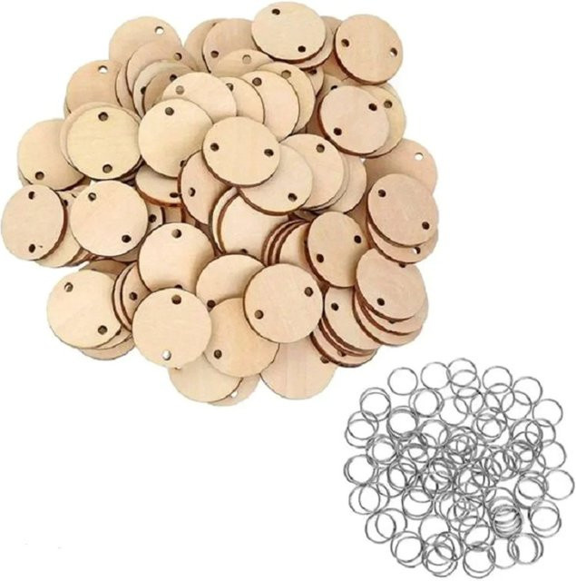 50 Stück Holzanhänger in Braun mit 2 Löchern und 50 Ringen für DIY-Bastelarbeiten und Dekorationen - Bild 1
