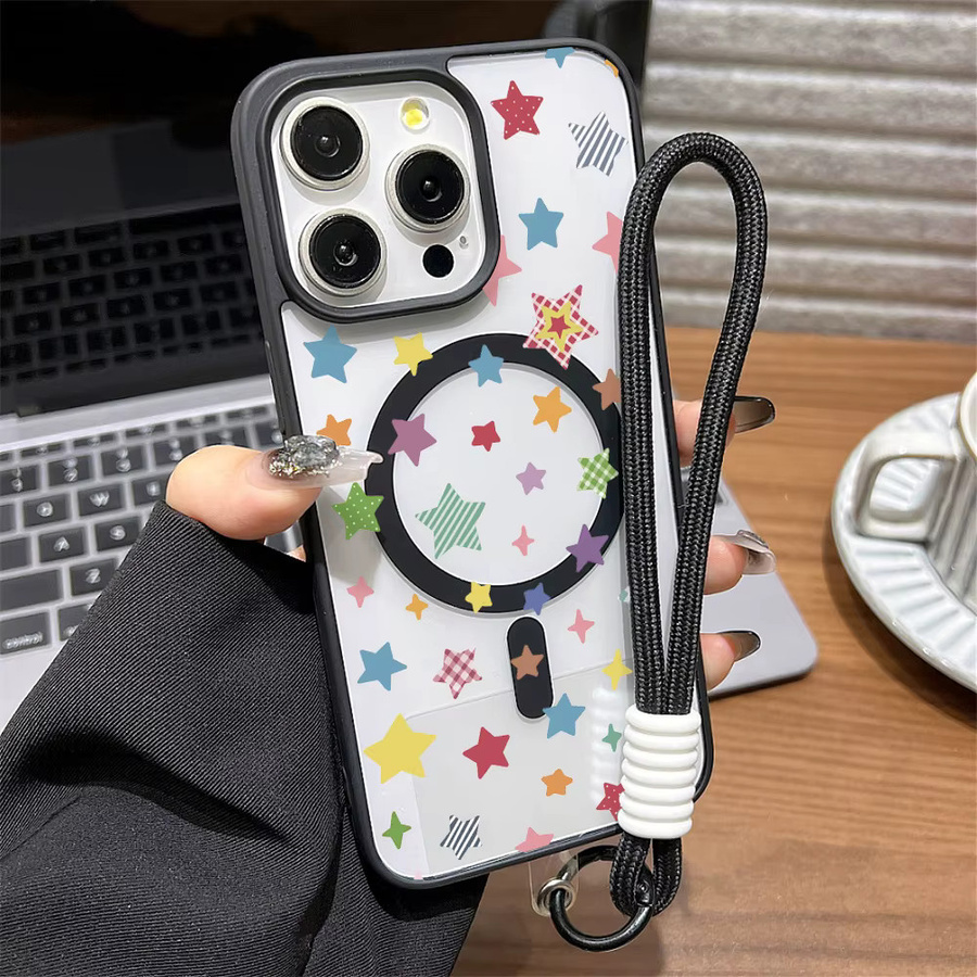 Magnetische iPhone Handyhülle mit INS-Stern-Design und Umhängeband, stoßfeste matte Acryl-Abdeckung für Apple iPhone 17 16 15 14 13 12 11 Pro Max, Multicolor - Bild 3