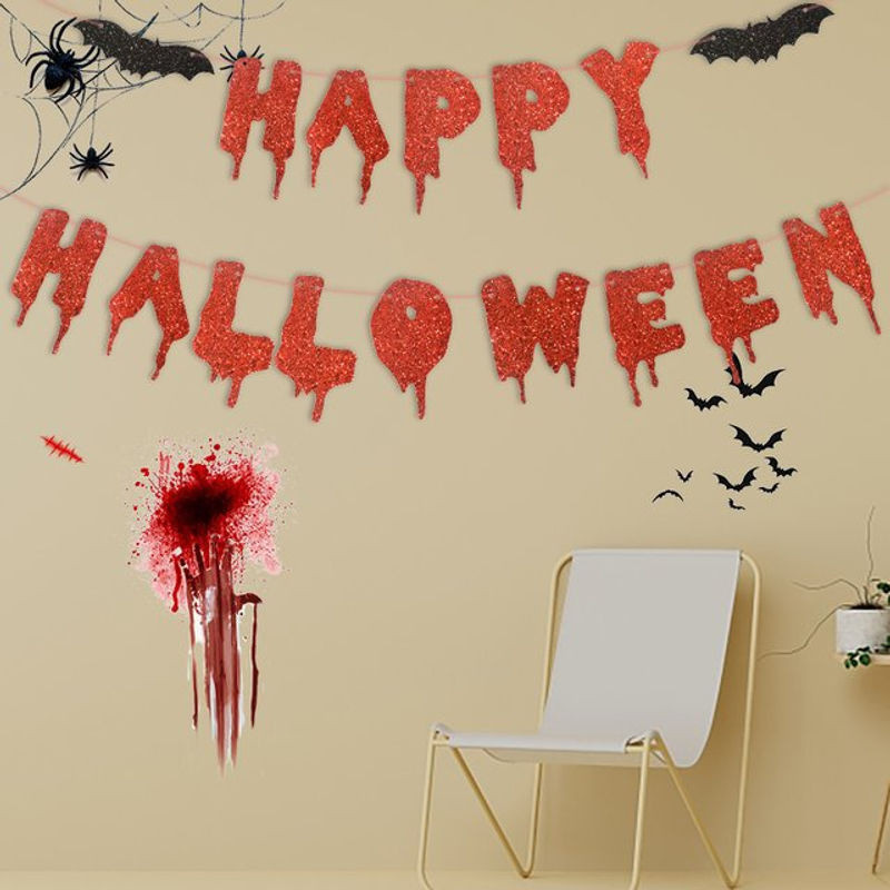 Happy Halloween Banner aus rotem Glitzer-Papier mit Fledermaus-Motiv als hängende Wanddeko - Bild 1