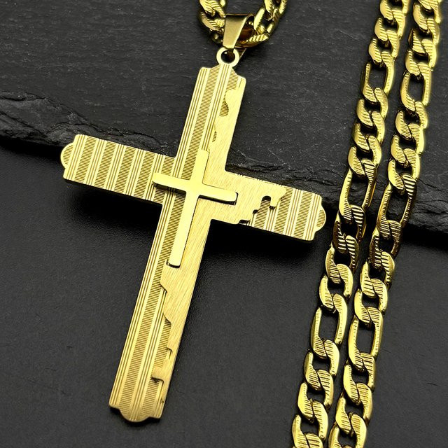 JYTF Halskette Edelstahl, Doppelschicht Kreuz Anhänger, Bicolor, Unisex - Bild 1