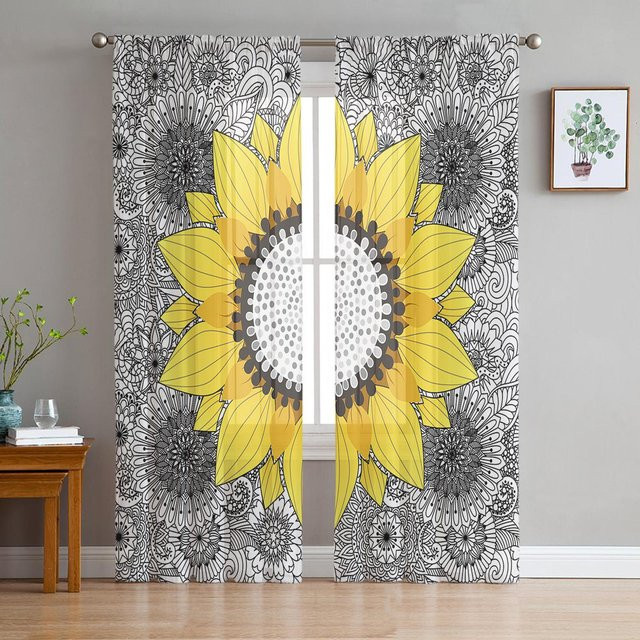 Sonnenblume Böhmische Mandala Transparente Tüll Voile Vorhänge in Schwarz Weiß, Breite: 135 cm, Höhe: 115 cm - Bild 1