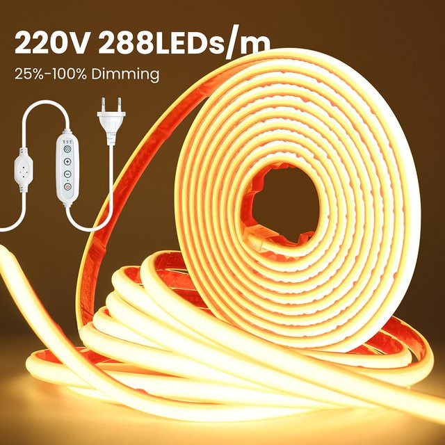 RAZEND Dimmbares LED COB Lichtband Set mit EU-Netzstecker und Dimmer, 288 LED/m, Silikon-Röhrenlampe, Weiß - Bild 1