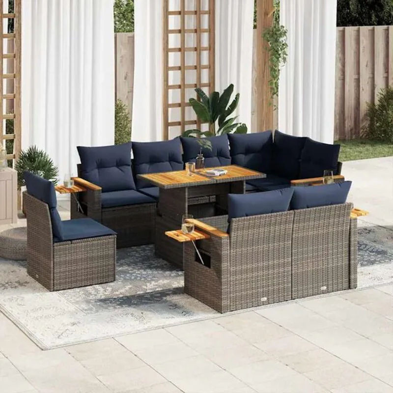 9-teilige Garten-Sofagarnitur aus Poly-Rattan und Akazie mit Kissen in Grau von vidaxl - Bild 1