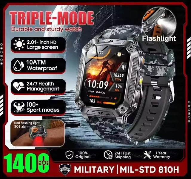 Smartwatch für Herren mit AMOLED HD Display, GPS, Herzfrequenzmessung, Taschenlampe und Bluetooth-Anruffunktion, 10ATM wasserdicht, Farbe: Blue Camouflage - Bild 1