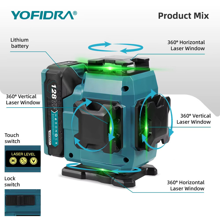 YOFIDRA 4D Laser-Wasserwaage mit 16 Linien, selbstnivellierendes 360 Grad Strahlwerkzeug für Makita 18V Akku - Bild 2