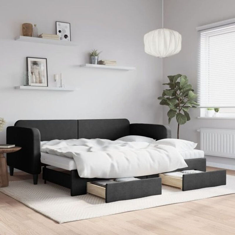 Vidaxl Funktionsbett aus Stoff und Metall als ausziehbares Tagesbett mit Schubladen in Schwarz, B/T/H: 90 x 190 cm - Bild 1