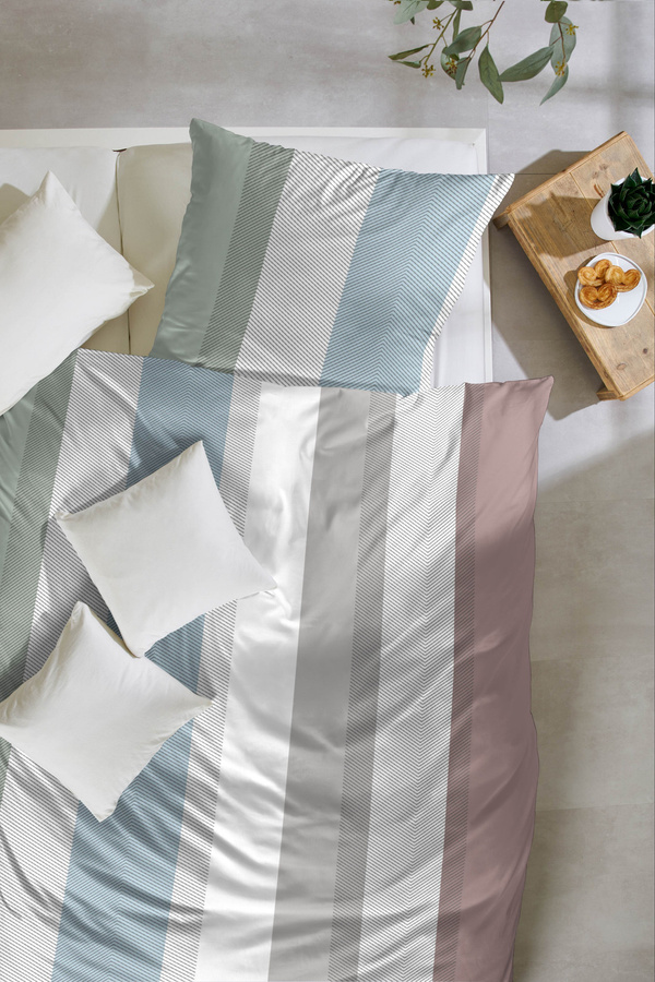 Primera Mako-Satin Bettwäsche aus Baumwolle mit Streifen in Grau, Beige, Blau und Rost, B/H: 155 x 220 cm mit Kissenbezug 80 x 80 cm - Bild 1