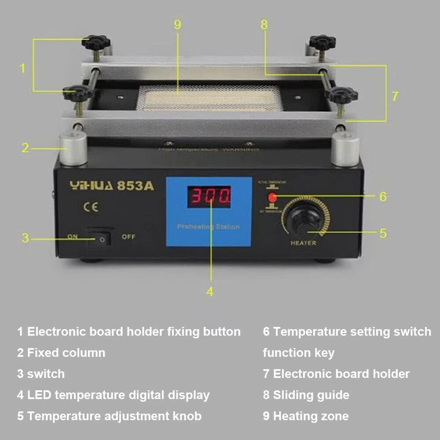 Infrarot-Vorheiz-Lötstation 450W mit digitalem PID-Regler und LED-Anzeige, schwarzer PCB-Vorwärmer mit Keramik-Emitter für Elektronik-Reparatur, Heizfläche: 12 x 12 cm - Bild 3