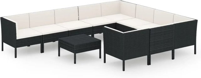 vidaXL 11-tlg. Garten-Lounge-Set in U-Form aus Poly Rattan und pulverbeschichtetem Stahl in Schwarz mit Polstern und Kissen - Bild 1