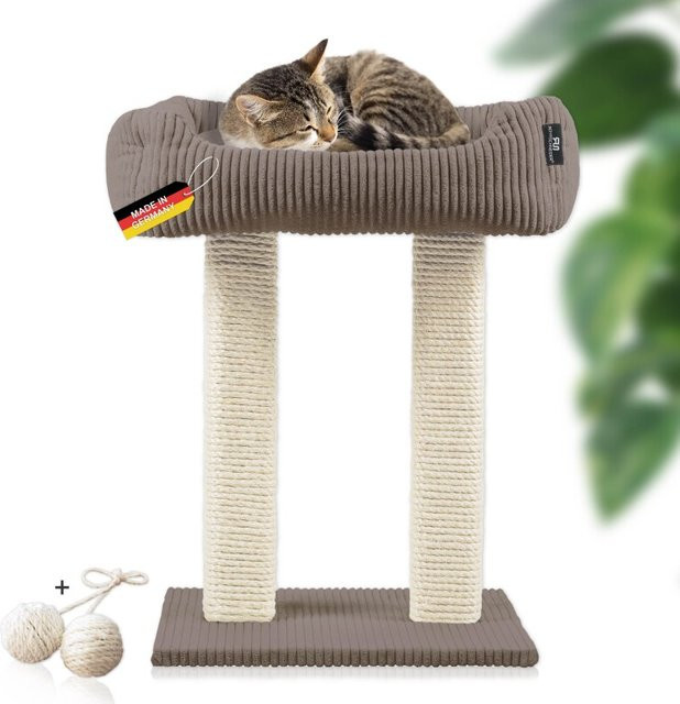 Rohrschneider moderner Kratzbaum aus Vollholz mit Katzenbett und Wendekissen in Beige - Bild 1