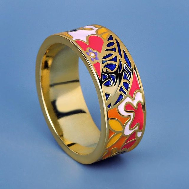 YIRAN Ring, geometrisches Blumenmuster, Emaille, beige, Damen - Bild 1
