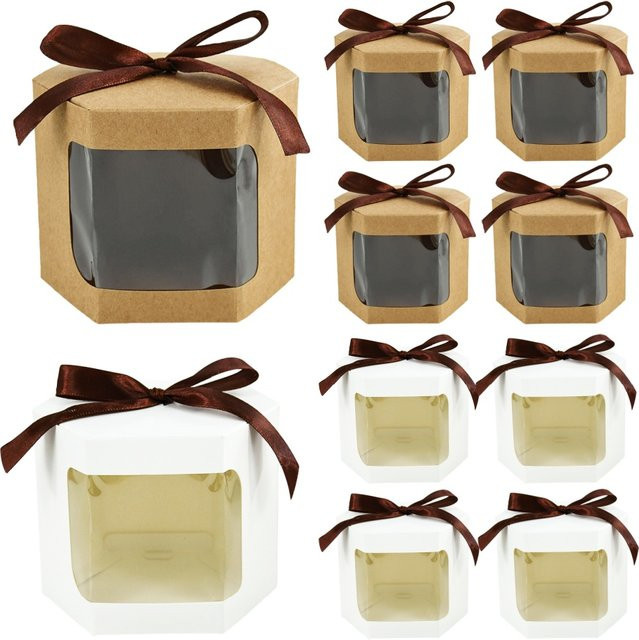 5er Set sechseckige Geschenkboxen aus braunem Kraftpapier mit transparentem Fenster und Schleifenband von ZQCXLD für Hochzeit und Geburtstag - Bild 1