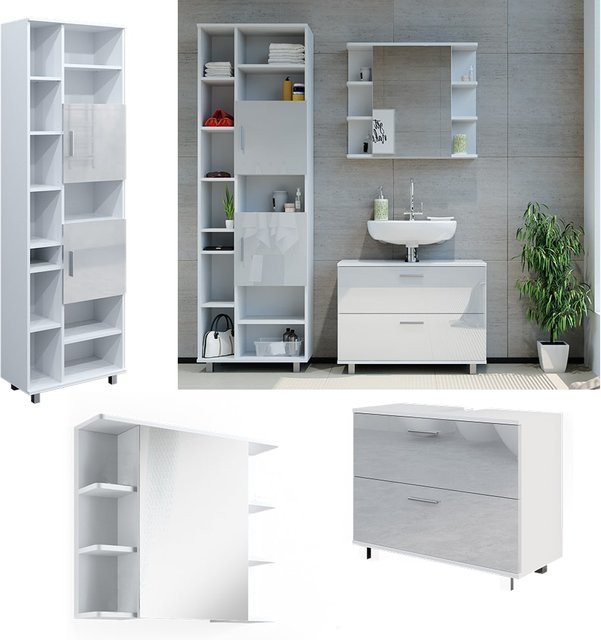 Vicco Badmöbel-Set Ilias in Weiß Hochglanz bestehend aus Waschtischunterschrank, Spiegelschrank und Hochschrank für dein modernes Badezimmer - Bild 1