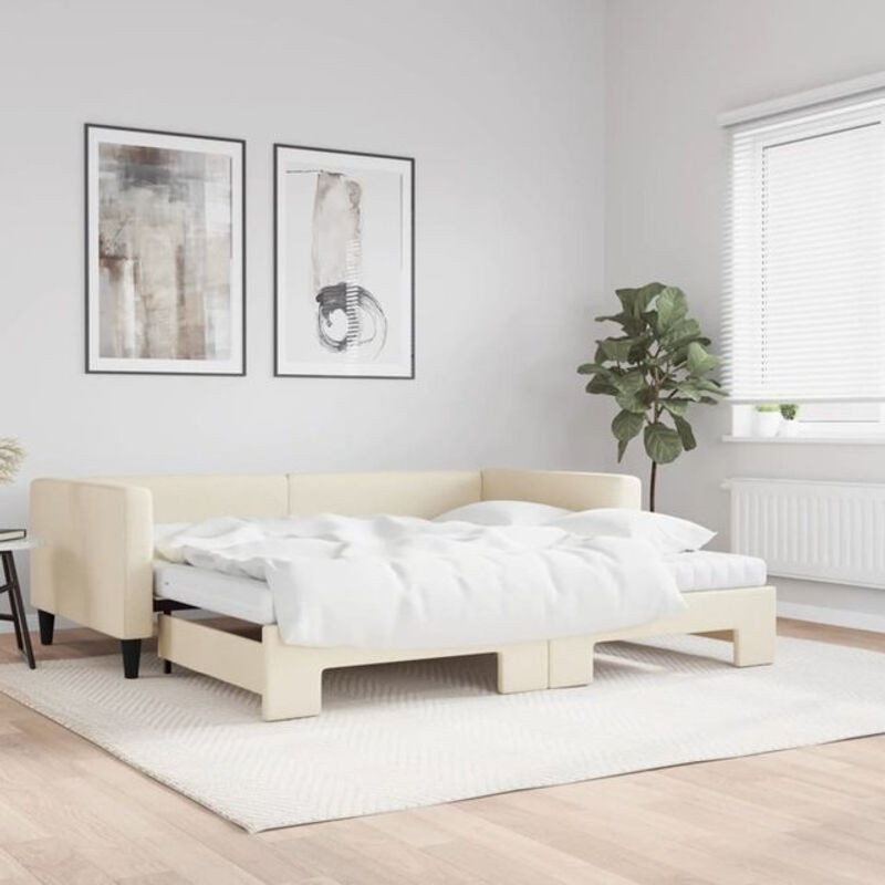 Ausziehbares Funktionsbett mit Matratze von vidaxl in Beige aus Stoff und Metall, B/T/H: 100 x 200 cm - Bild 1
