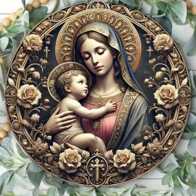 HELLOYOUNG Metallschild Virgin Mary & Baby Jesus Wandkunst mit Blumen, Mehrfarbig, B/H: 20 x 20 cm - Bild 1