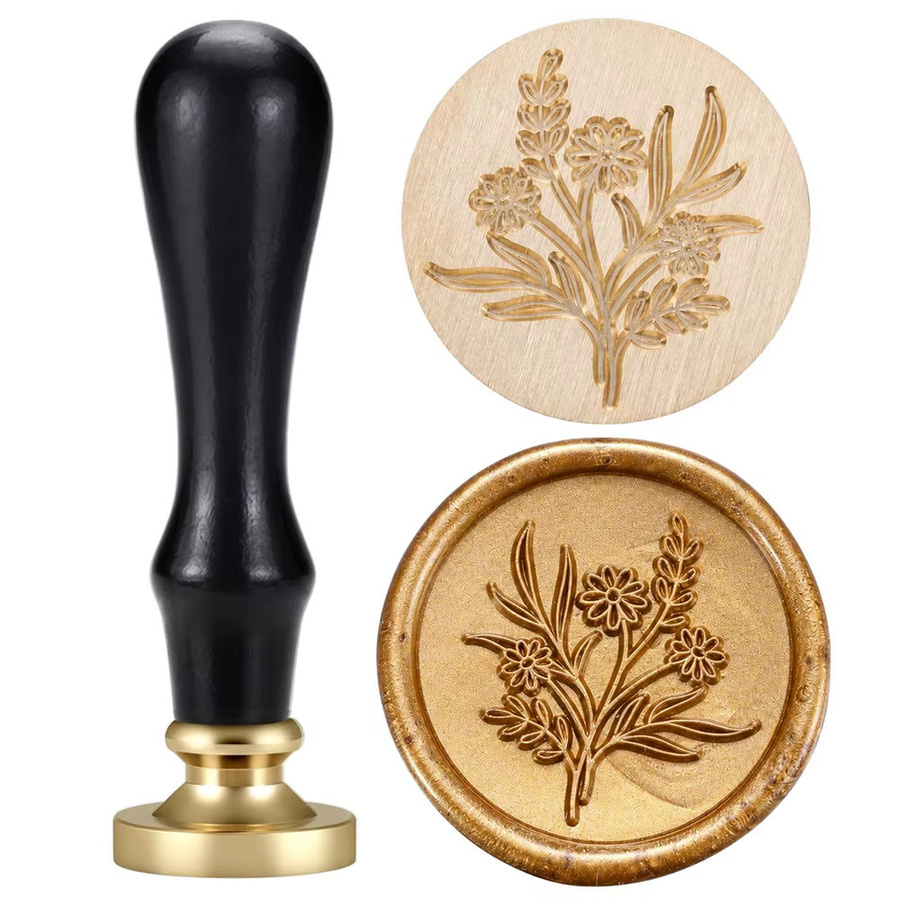Wachssiegel-Stempelset mit Blumen- und Pflanzenmotiven, schwarzer Griff und Siegelwachsköpfe für DIY-Einladungen und Umschläge, Farbe: Schwarz - Bild 2