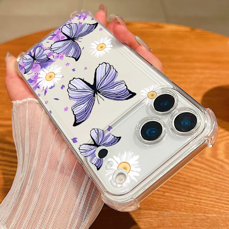 MOESOE Handyhülle mit Kartensteckplatz und Schmetterlings-Design für iPhone, stoßfeste transparente TPU-Abdeckung, Lila - Bild 2