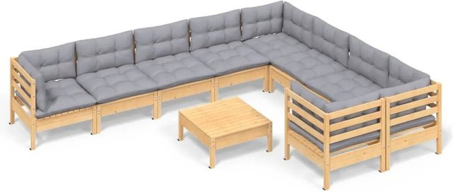 vidaXL 10-teiliges Garten-Lounge-Set aus massivem Kiefernholz mit grauen Kissen - Bild 1