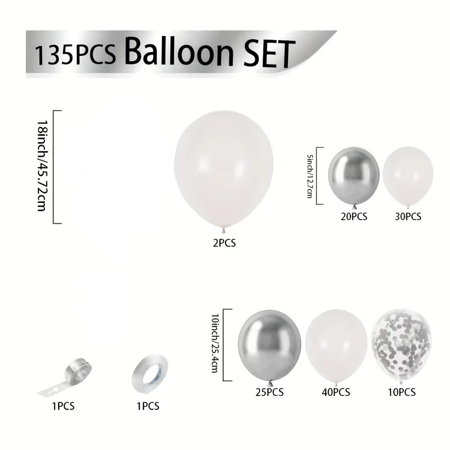 BALONAQ Luftballon-Set für Partydekoration mit 135 Stück in Weiß und Silber Metallic sowie Konfetti-Luftballons für Hochzeit, Geburtstag oder Babyparty - Bild 2