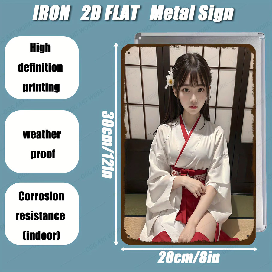HELLOYOUNG Japanische Geisha Kimono Metall-Wandkunst mit Blumen-Motiv, Vintage Blechschild in Mehrfarben, Breite: 20,32 cm, Höhe: 30,48 cm - Bild 2