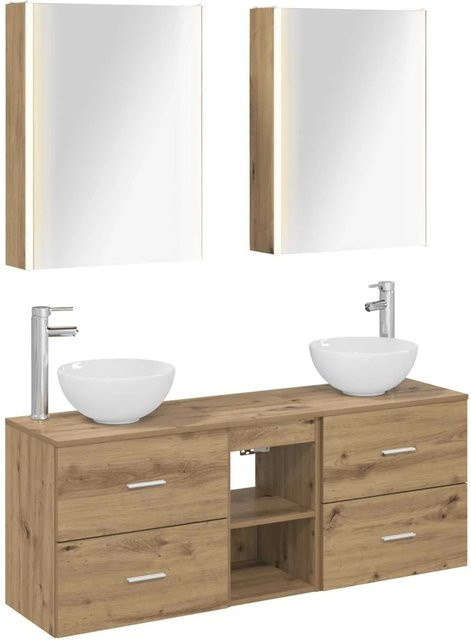 vidaXL Badezimmerschrank-Set 5-teilig in Artisan-Eiche, Wandmontage mit Waschtischunterschrank und Spiegelschrank inklusive LED-Beleuchtung, Braun, B: 53 cm, T: 15,5 cm, H: 70 cm - Bild 1