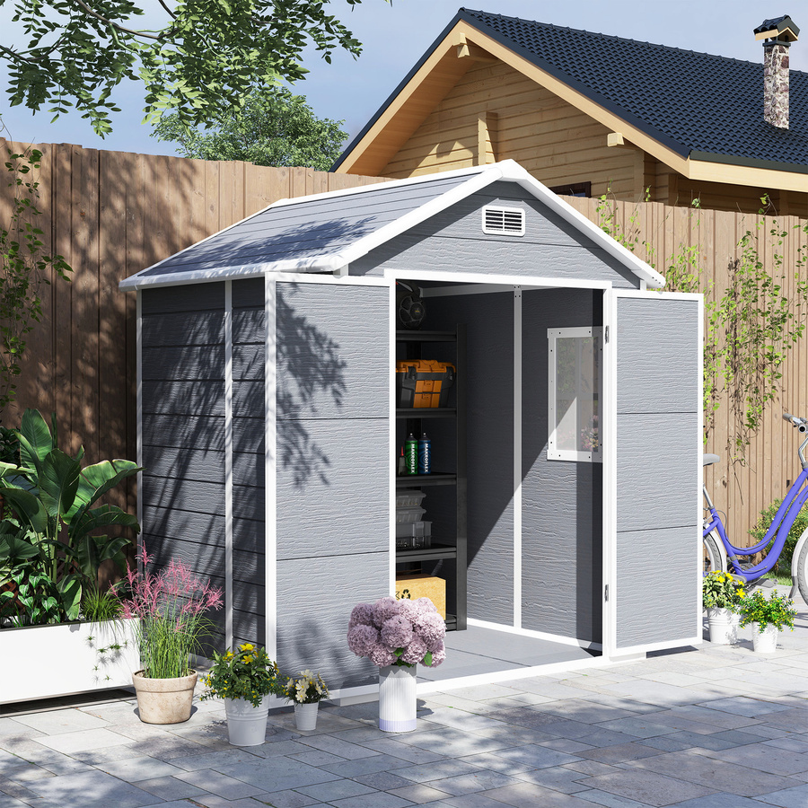 Outsunny Gartenhaus Grau mit Pultdach und abschließbarer Tür, Geräteschuppen aus Aluminium und Kunststoff, B/T/H: 182 x 151 x 219 cm - Bild 2